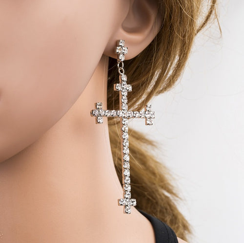 Abundance Sparkle Long-drop Crucifix Earrings